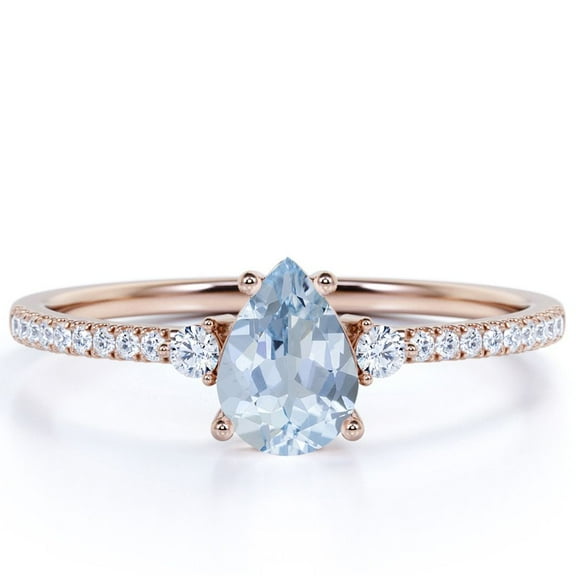JeenMata 1 Carat Pear Shaped Created Aquamarine Birthstone Ring in 18k Rose Gold over Silver