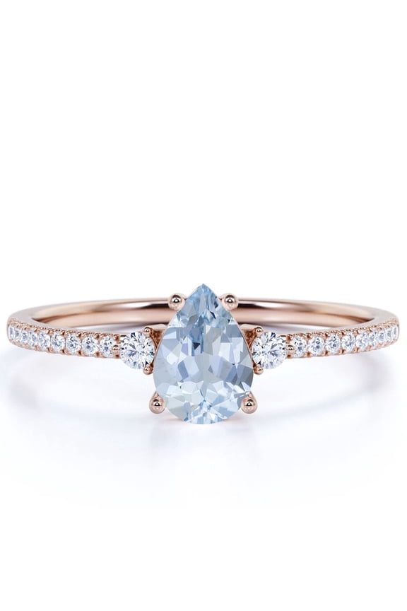 1 Carat Pear Shaped Created Aquamarine Birthstone Ring in 18k Rose Gold over Silver