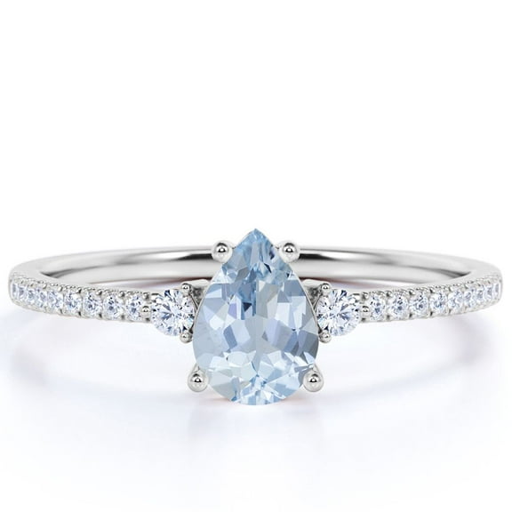 JeenMata 1 Carat Pear Shaped Created Aquamarine Birthstone Ring in 18k White Gold over Silver