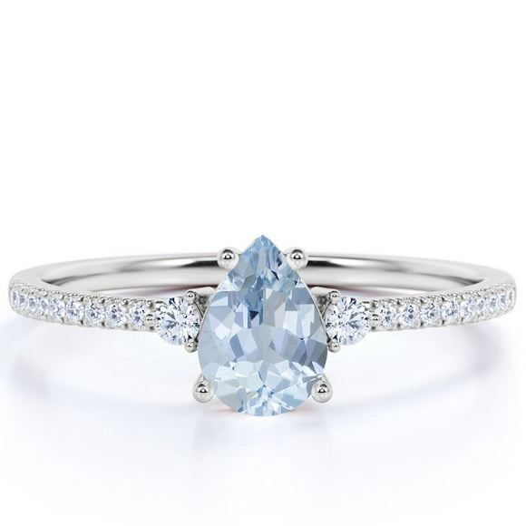 JeenMata 1 Carat Pear Shaped Created Aquamarine Birthstone Ring in 18k White Gold over Silver