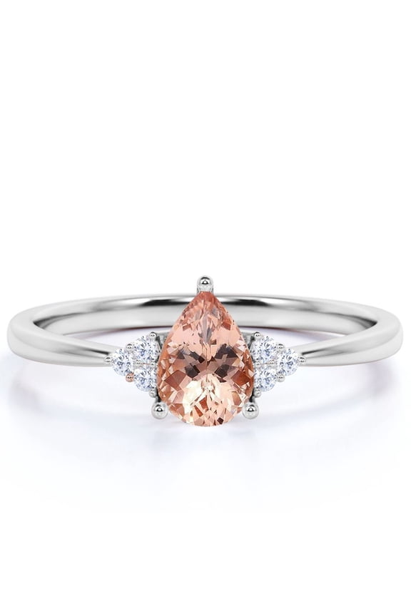 1 Carat Pear Shaped Pink created morganite and Moissanite Ring in 18K White Gold over Silver