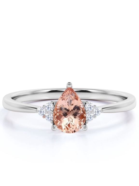 1 Carat Pear Shaped Pink created morganite and Moissanite Ring in 18K White Gold over Silver