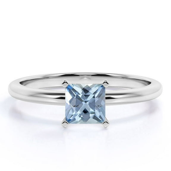 JeenMata 1 Carat Princess Cut Created Aquamarine Solitaire Engagement Ring in 18k White Gold over Silver
