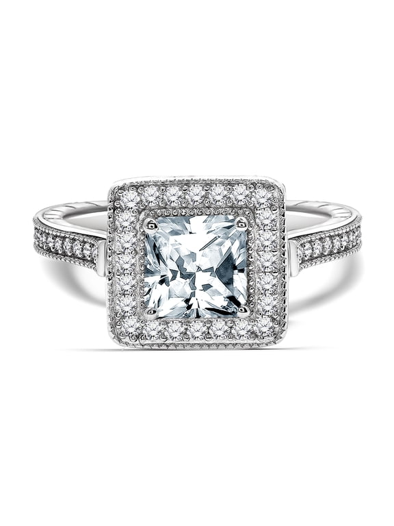 2.25 Carat Princess Cut Engagement Ring - Milgrain Ring - Vintage Ring - Halo Ring - 18K White Gold Over Silver