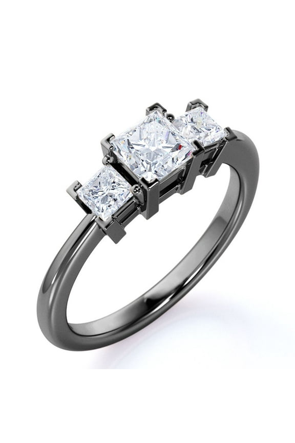 1.25 Carat Princess Cut Engagement Ring - Three Stone Engagement Ring - Past Present Future Ring - 18K Black Gold over Silver
