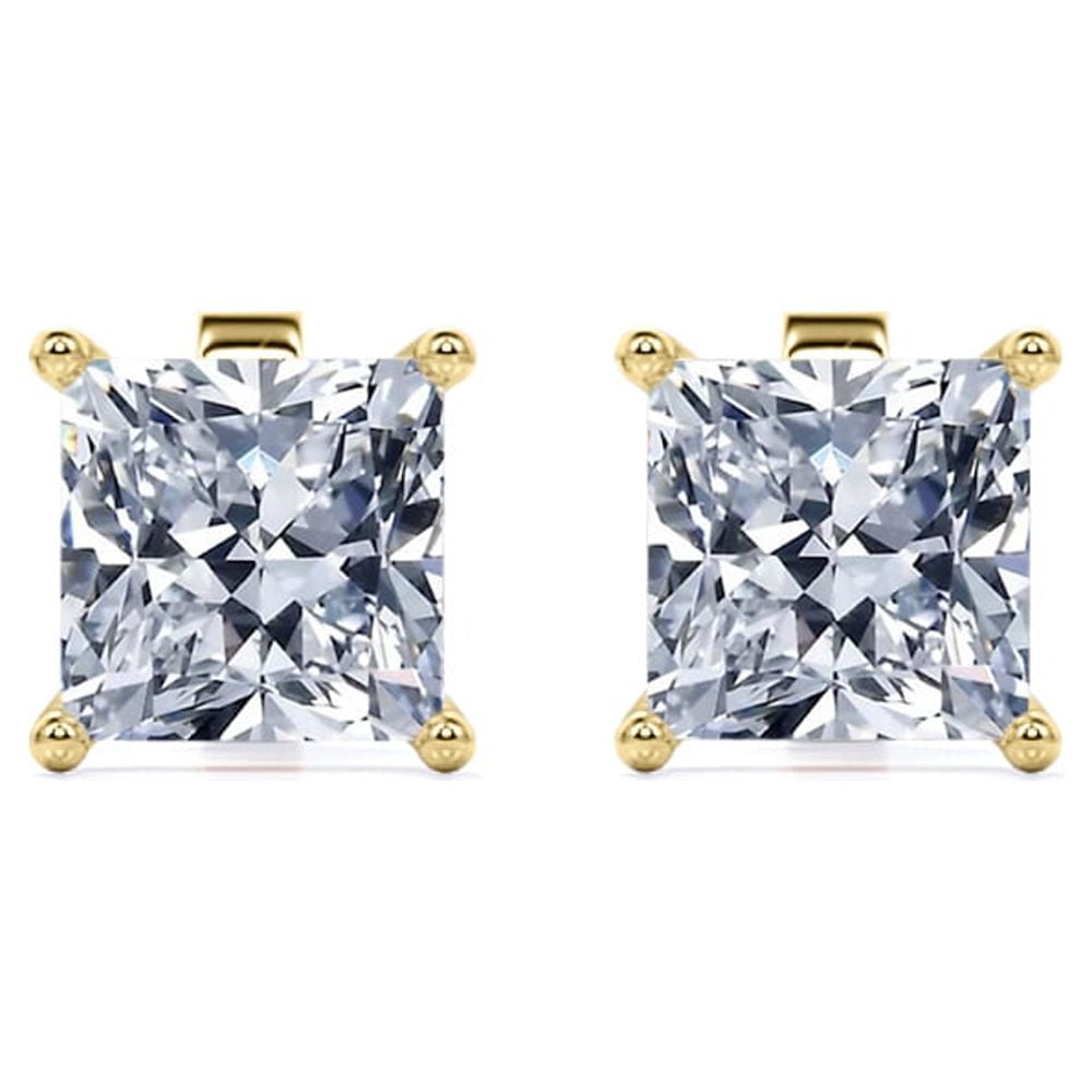 JeenMata 1 Carat Princess Cut Moissanite 4 Prong - Solitaire Stud Earrings - 18K Yellow Gold Plating Over Silver
