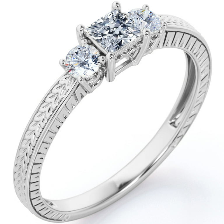 JeenMata 1 Carat Princess Cut Moissanite - Art Deco Carved Filigree - Three  Stone Engagement Ring - 18K White Gold Plating over Silver 