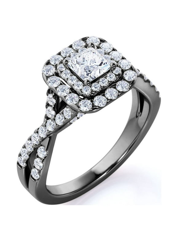 JeenMata 1 Carat Princess Cut Moissanite Engagement Ring - Bridal Set - Double Halo Ring - Cluster Ring - 18k Black Gold Over Silver
