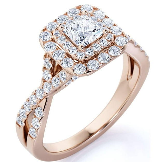 JeenMata 1 Carat Princess Cut Moissanite Engagement Ring - Bridal Set - Double Halo Ring - Cluster Ring - 18k Rose Gold Over Silver