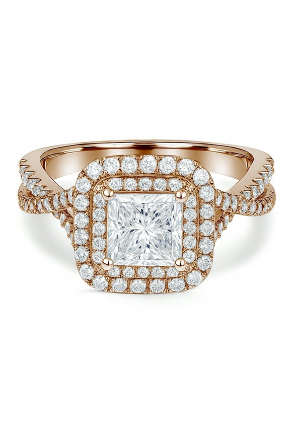 1 Carat Princess Cut Moissanite Engagement Ring - Bridal Set - Double Halo Ring - Cluster Ring - 18k Rose Gold Plated for Women
