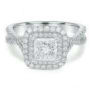 JeenMata 1 Carat Princess Cut Moissanite Engagement Ring - Bridal Set - Double Halo Ring - Cluster Ring - 18k White Gold Plated for Women