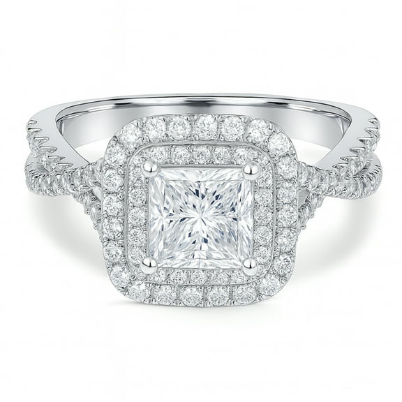 JeenMata 1 Carat Princess Cut Moissanite Engagement Ring - Bridal Set - Double Halo Ring - Cluster Ring - 18k White Gold Plated for Women