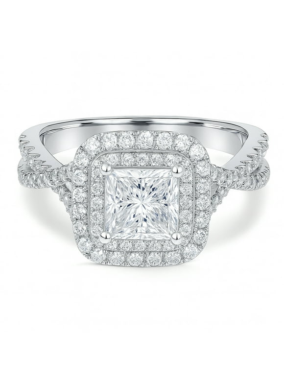 1 Carat Princess Cut Moissanite Engagement Ring - Bridal Set - Double Halo Ring - Cluster Ring - 18k White Gold Plated for Women