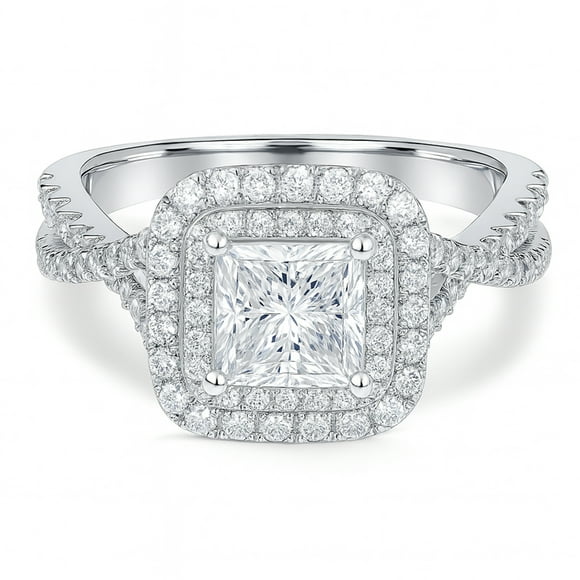 JeenMata 1 Carat Princess Cut Moissanite Engagement Ring - Bridal Set - Double Halo Ring - Cluster Ring - 18k White Gold Plated for Women