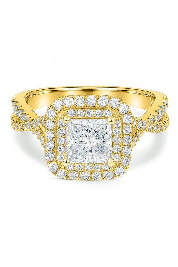 1 Carat Princess Cut Moissanite Engagement Ring - Bridal Set - Double Halo Ring - Cluster Ring - 18k Yellow Gold Plated for Women