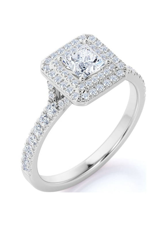 JeenMata 1 Carat Princess Cut Moissanite Engagement Ring - Cluster Ring - Double Halo Ring - Split Shank Ring - 18k White Gold Over Silver