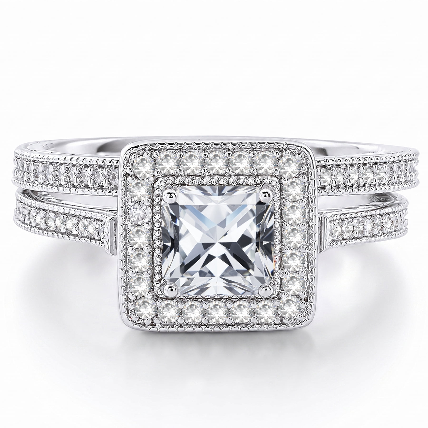 JeenMata 1.5 Carat Princess Cut Moissanite Wedding Set - Bridal Set - Milgrain Ring - Vintage Ring - Halo Ring - 18K White Gold Plating for Women