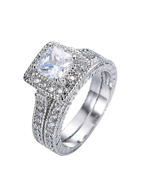 1 Carat Princess Cut Moissanite Wedding Set - Bridal Set - Milgrain Ring - Vintage Ring - Halo Ring - 18K White Gold Plating for Women