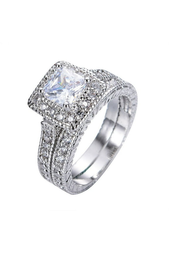 1 Carat Princess Cut Moissanite Wedding Set - Bridal Set - Milgrain Ring - Vintage Ring - Halo Ring - 18K White Gold Plating for Women