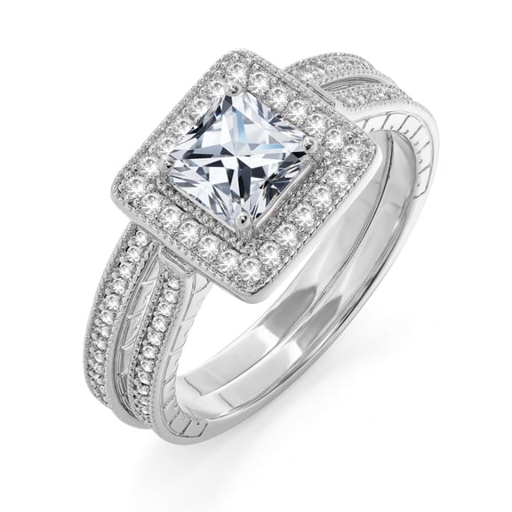 JeenMata 1.5 Carat Princess Cut Moissanite Wedding Set - Bridal Set - Milgrain Ring - Vintage Ring - Halo Ring - 18K White Gold Plating for Women