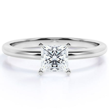 JeenMata 1 Carat Princess Cut solitaire Moissanite Engagement Ring in 18k White Gold Over Silver