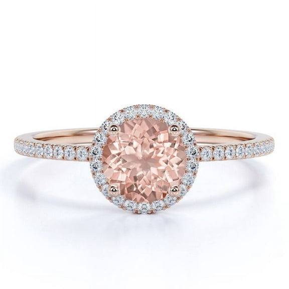 JeenMata 1 Carat Round Brilliant Cut Created Morganite Halo Engagement Ring in 18k Rose Gold over Silver