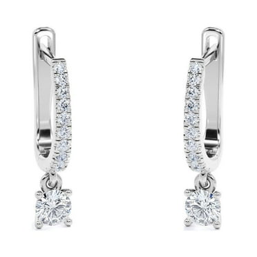 JeenMata 1 Carat Round Brilliant Cut Diamond and Moissanite - 4 Prong Pave Set Huggie Hoop Earrings - 18K White Gold Plating over Silver