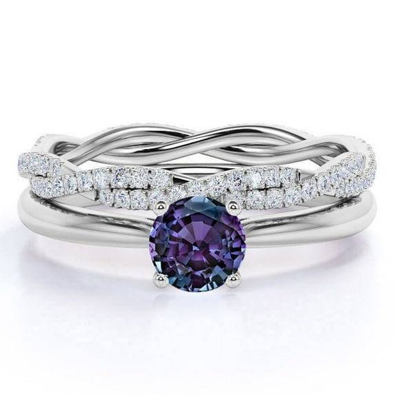 JeenMata 1 Carat Round Brilliant Cut Lab Created Alexandrite and Moissanite Modern Twisted - Unique Gemstone - Wedding Ring Set 18k White Gold over Silver