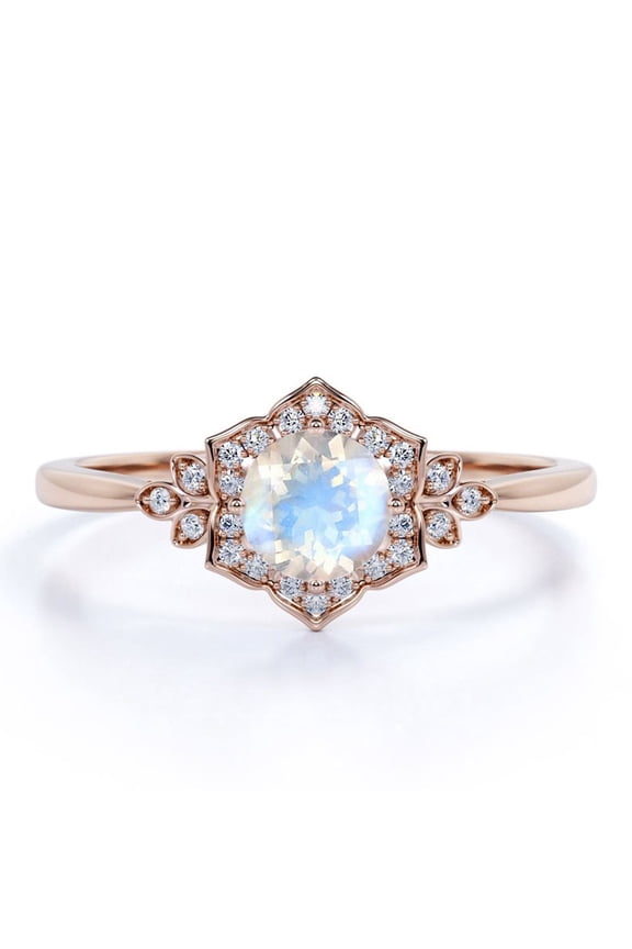 1 Carat Round Cut Blue Moonstone and Moissanite Antique Engagement Ring in 18k Rose Gold over Silver
