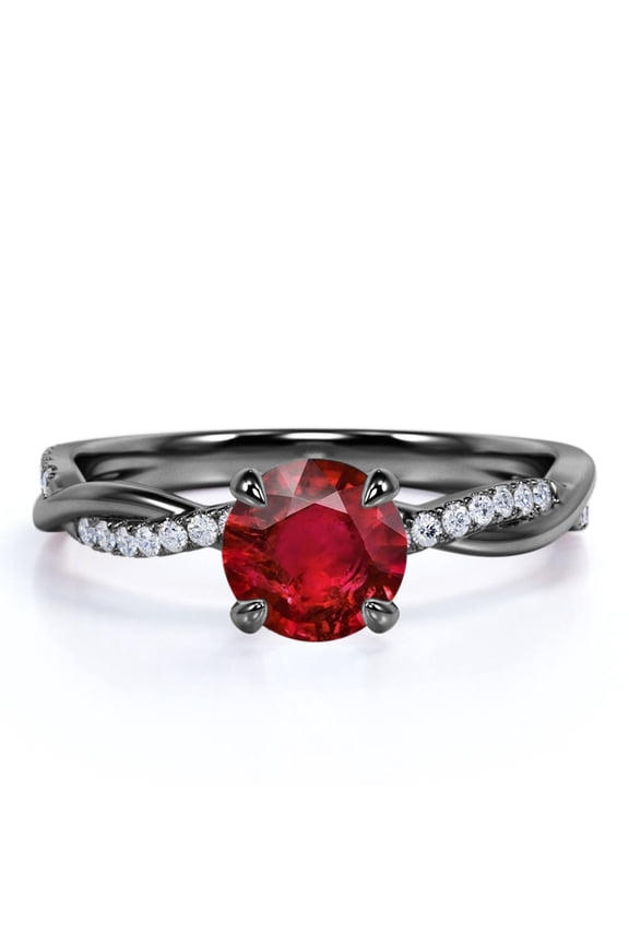 1 Carat Round Cut Gothic Dark Red Lab Created Ruby Engagement Ring in 18k Black Gold over Silver