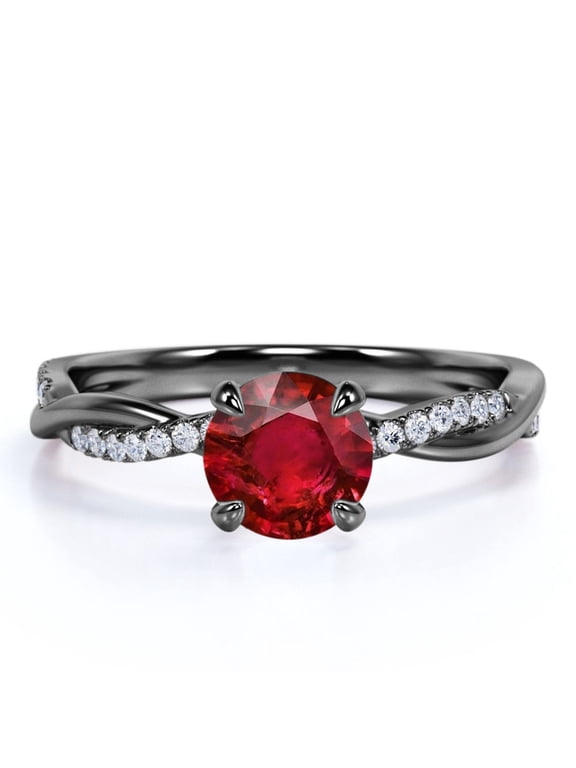 1 Carat Round Cut Gothic Dark Red Lab Created Ruby Engagement Ring in 18k Black Gold over Silver