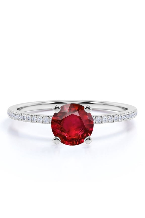 1 Carat Round Cut Handmade Simulated Ruby Engagement Ring in 18k White Gold over Silver