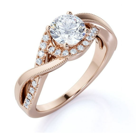 JeenMata 1.25 Carat Round Cut Infinity Engagement Ring - Milgrain Pave Twisted Band - 18K Rose Gold over Silver