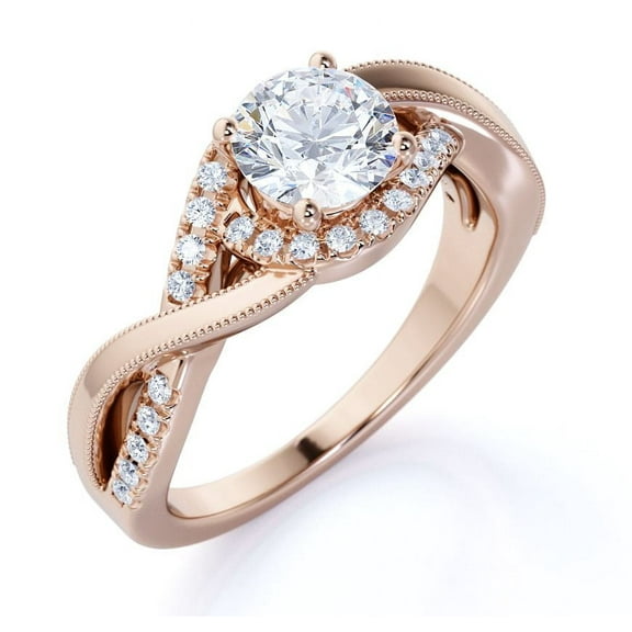 JeenMata 1.25 Carat Round Cut Infinity Engagement Ring - Milgrain Pave Twisted Band - 18K Rose Gold over Silver