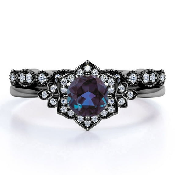 JeenMata 1 Carat Round Cut Lab Created Alexandrite and Moissanite Retro Frame Art Deco Wedding Ring Set in 18k Black Gold over Silver