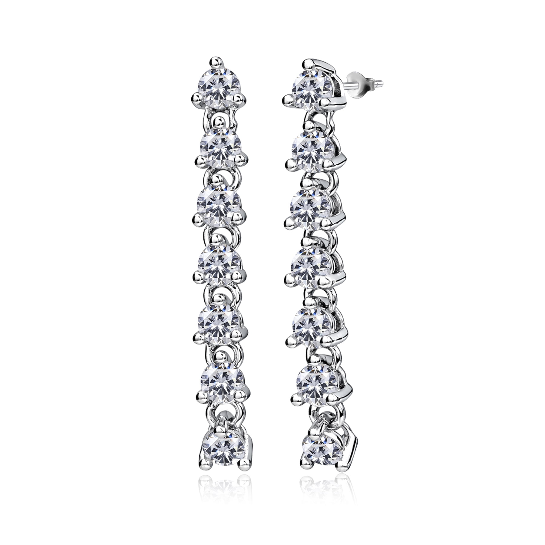 JeenMata 1 Carat Round Cut Lab Grown Diamond Linear Drop Earring - Classic Drop Earrings in 18K White Gold Plating for Women, Gift for Her