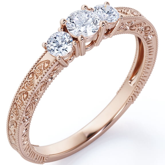 JeenMata 1 Carat Round Cut Moissanite Engagement Ring - Bridal Ring - Three Stone Ring - Trilogy Ring - 18k Rose Gold Over Silver