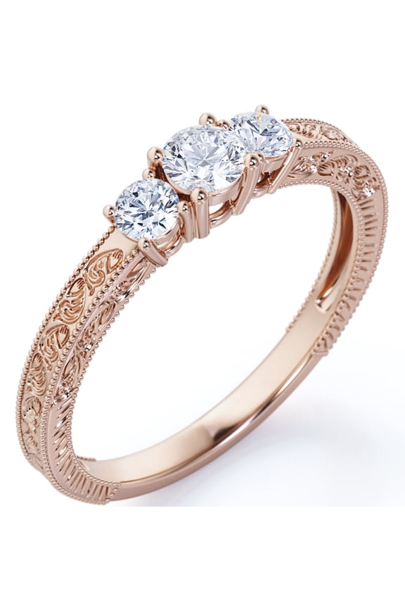 1 Carat Round Cut Moissanite Engagement Ring - Bridal Ring - Three Stone Ring - Trilogy Ring - 18k Rose Gold Over Silver