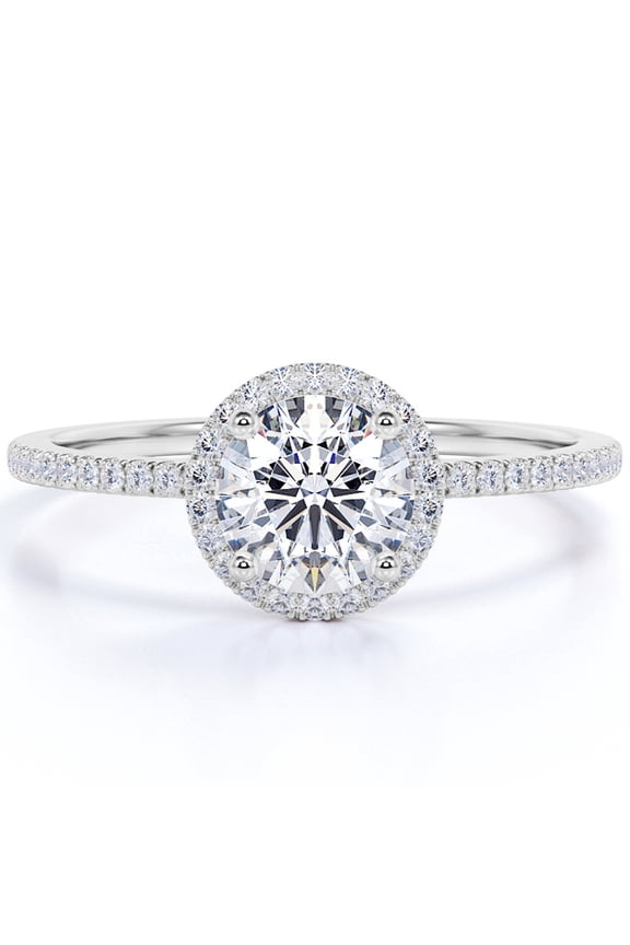 1 Carat Round Cut Moissanite Halo Engagement Ring in 18k White Gold Over Silver