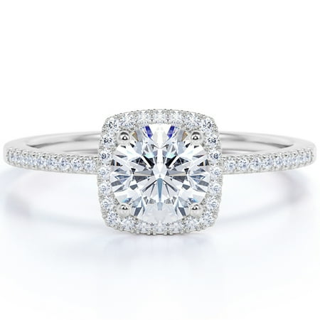 JeenMata 1 Carat Round Cut Moissanite Halo Engagement Ring in 18k White Gold Over Silver