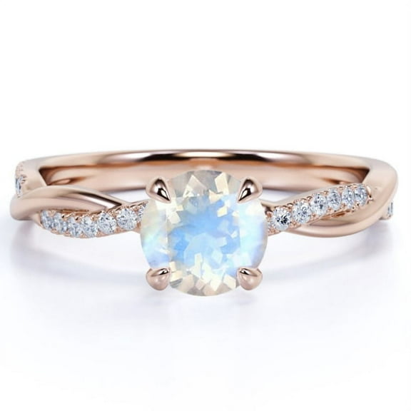 JeenMata 1 Carat Round Cut Rainbow Moonstone and Moissanite Infinity Wedding Ring in 18k Rose Gold over Silver