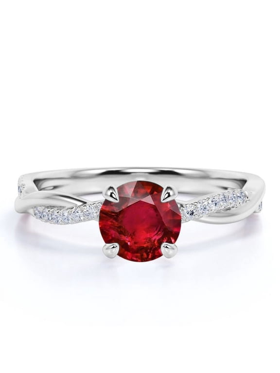 1 Carat Round Cut Sunset Birthstone Lab Created Ruby Engagement Ring in 18k White Gold over Silver