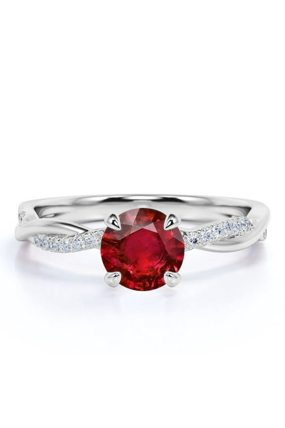 1 Carat Round Cut Sunset Birthstone Lab Created Ruby Engagement Ring in 18k White Gold over Silver