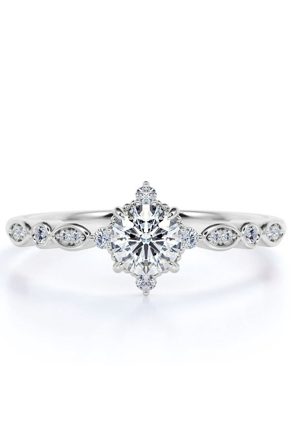 1.25 Carat Round Cut Vintage Engagement Ring - Compass - Art Deco - in 18K White Gold Plating over Silver