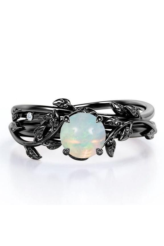 1 Carat Round Ethiopian Opal And Moissanite - 4 Prong Setting - Botanical Inspired Wedding Set - 18K Black Gold Plating Over Silver
