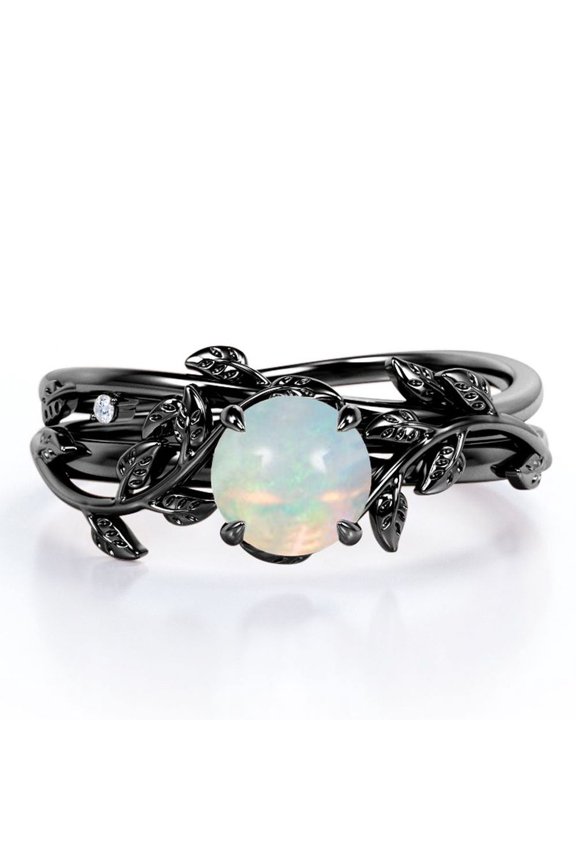 1 Carat Round Ethiopian Opal And Moissanite - 4 Prong Setting - Botanical Inspired Wedding Set - 18K Black Gold Plating Over Silver
