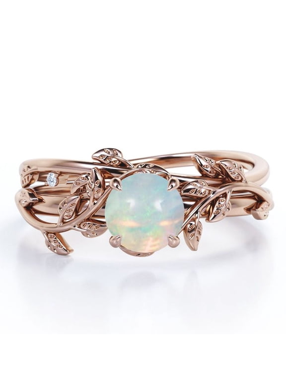 1 Carat Round Ethiopian Opal And Moissanite - 4 Prong Setting - Botanical Inspired Wedding Set - 18K Rose Gold Plating Over Silver