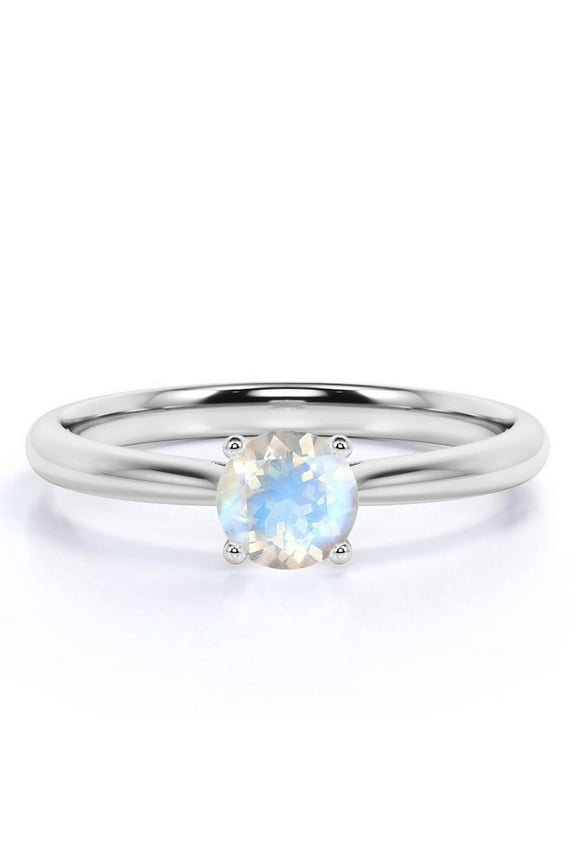 1 Carat Round Faceted Blue Moonstone 6 Prong Solitaire Engagement Ring in 18k White Gold over Silver