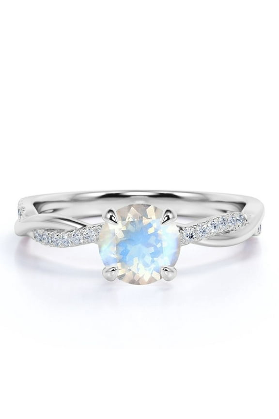 1 Carat Round Faceted Blue Moonstone and Moissanite Twisted Engagement Ring in 18k White Gold over Silver