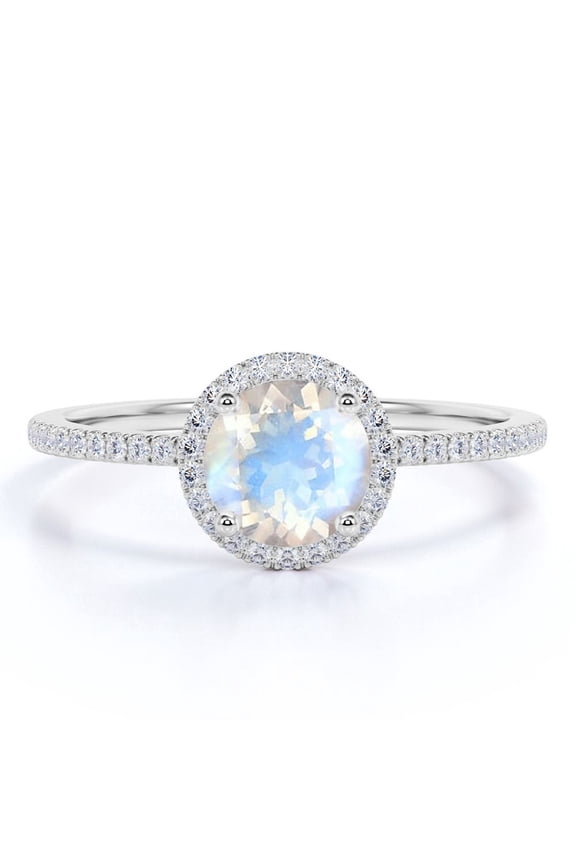 1 Carat Round Faceted Rainbow Moonstone and Moissanite Heart Halo Wedding Ring in 18k White Gold over Silver